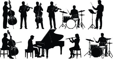 Musicians silhouette collection, orchestra band performers set, instrumental artists isolated, classical music ensemble illustration, concert performers group, musical instrument silhouettes © MdAminur