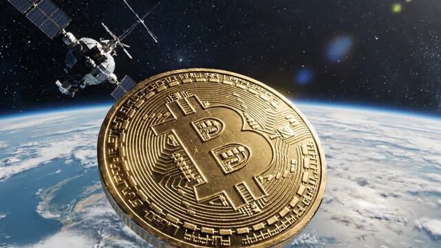 Bitcoin in freefall from a satellite in space, seen from a distance, with Earth in the background.