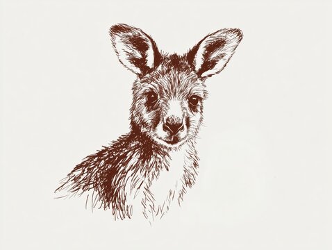 Brown hand-drawn kangaroo head illustration in vintage ink sketch style on light paper, suitable for wildlife branding, eco packaging, educational prints, stationery and rustic decor