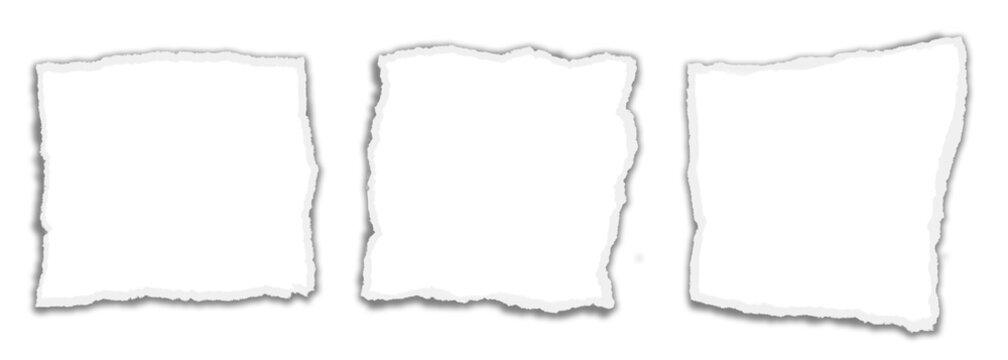 Set of ripped white torn paper squares with rough edges isolated on transparent PNG. 