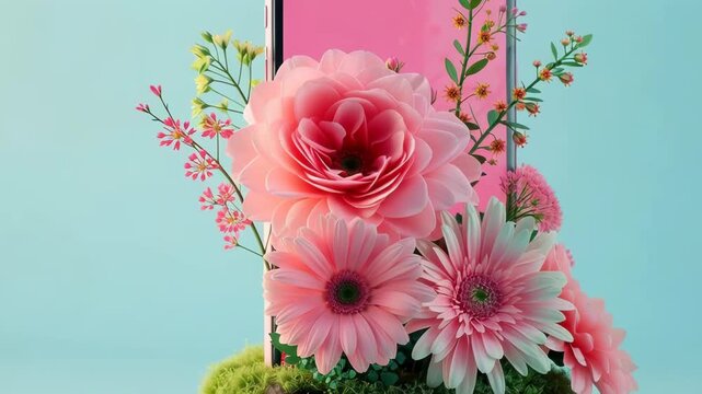 Vibrant smartphone display with blossoming floral elements in a serene setting