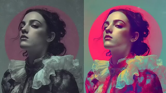 Artistic split portrait showcasing a refined woman with retro ruff in monochrome and vibrant color grading style