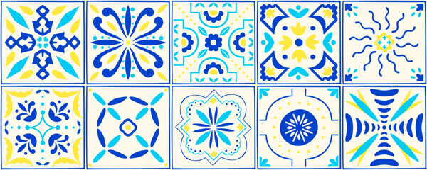 Vintage Amalfi coast pattern with blue mediterranean tiles and yellow lemon citrus color. Italian mosaic design with spanish floral ornaments, nautical slate ribbon and seamless seaside town aesthetic