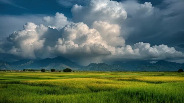Lush green fields spread across the landscape under a dramatic sky filled with large clouds. Mountains rise majestically in the background, painting a serene rural scene.