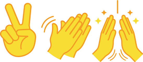 Fototapeta premium A set of three yellow hand emojis making peace clapping and praying gestures on a white background with orange accents and sparkles