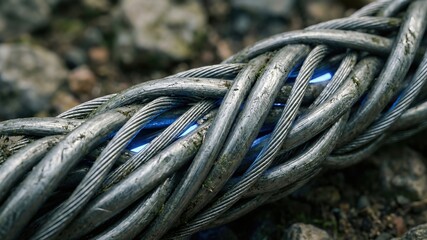 Close-Up of Thick Braided Steel Wire Rope with Glowing Blue Light Inside for Futuristic Technology Concept