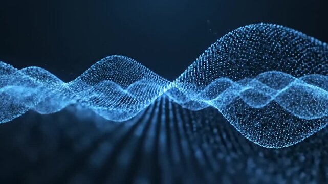 A vibrant blue digital wave pattern set against a dark background with dynamic energy