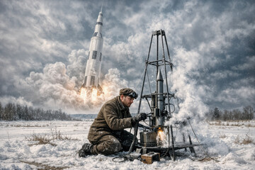 Robert H. Goddard 100th anniversary March 16 1926 liquid-fuelled rocket launch reenactment in Auburn Massachusetts with Saturn V ghost image Apollo 11 legacy