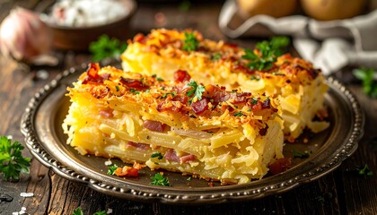 Potato bake with bacon and herbs on a silver plate, set on a rustic wooden table