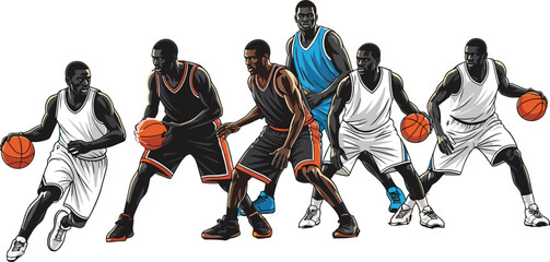 Dynamic Basketball Players Dribbling in Action Poses, Professional Athlete Vector Illustration Isolated on Background for Sports Design and Branding © astroDev