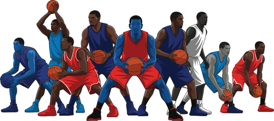 Professional Basketball Players in Dynamic Action Poses, Colorful Team Athlete Vector Illustration Isolated for Sports Branding and Design © astroDev