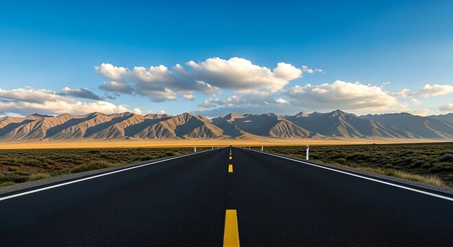 A straight road stretches towards majestic mountains under a blue sky with clouds, a vast landscape unfolding