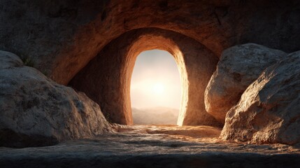 Golden light spills through the entrance of a cave, highlighting the rocky walls and soft ground inside. The tranquil atmosphere captures the essence of dawn in a natural setting.