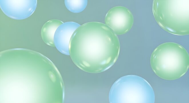 3D render of glossy spheres floating in a soft gradient background, featuring a mix of light blue and pale green translucent bubbles with subtle reflections and depth of field.