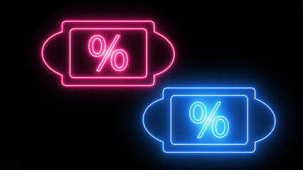 Fototapeta premium Set of colorful neon percentage discount icons, vibrant promotion symbols for sales and offers, modern digital marketing graphic elements isolated on black background.