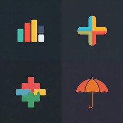 Obraz premium Vibrant Flat Icon Set Featuring Colorful Graphs, Plus Symbols, and Umbrella Designs on Dark Backgrounds