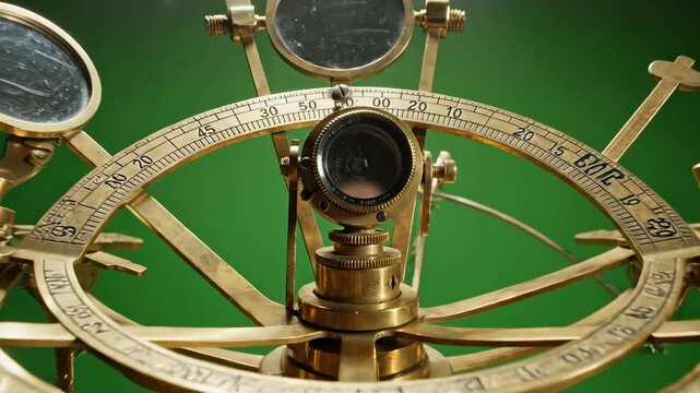 Antique brass instrument for celestial navigation on a green background.