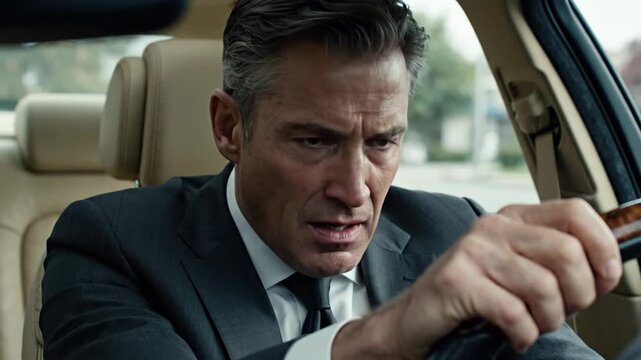 Mature businessman in suit gripping steering wheel, showing intense stress and exhaustion inside car for burnout concept and emotional breakdown