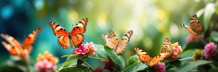 Fototapeta premium Butterflies on tropical summer flowers, sunny beach, and large copy space for text or ad slogan.