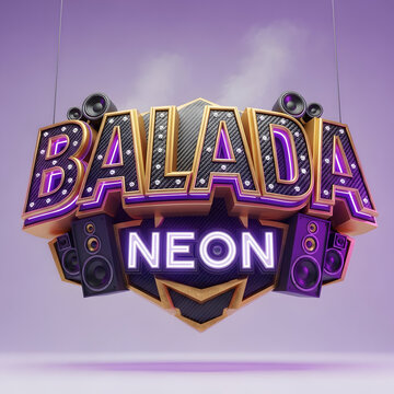 Three Dimensional Golden And Purple Neon Balada Logo With Professional Audio Speakers