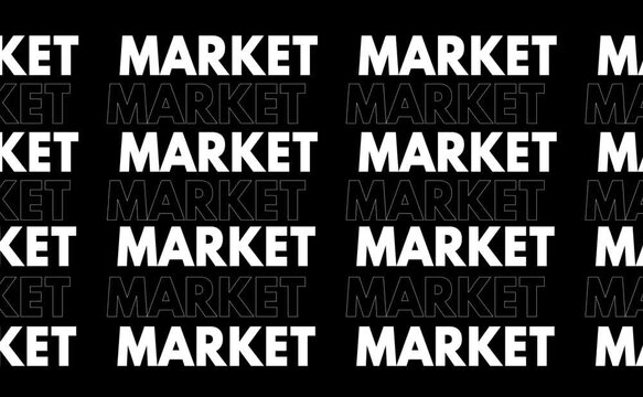 Animated MARKET text repeated across horizontal rows sliding laterally in alternating directions filling the frame in vertical format with black and white background versions.