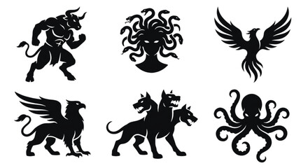 Fototapeta premium Monumental Myth Guardians – Sculptural Black Silhouette System of Six Legendary Creatures