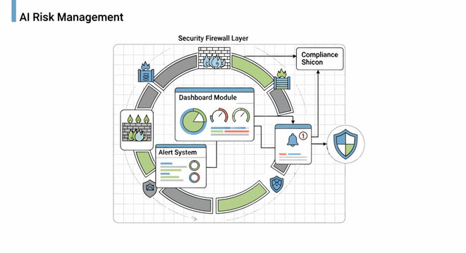 Conceptual diagram outlining an AI risk management framework, highlighting an integrated security firewall layer, threat detection, and compliance for secure system operations