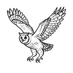 Obraz premium Owl illustration; black lines on white. Owl has wide wings. Eyes are yellow. Claws are visible