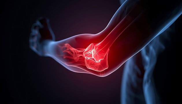 A medical illustration of a human ankle with a glowing red highlight indicating pain or inflammation.