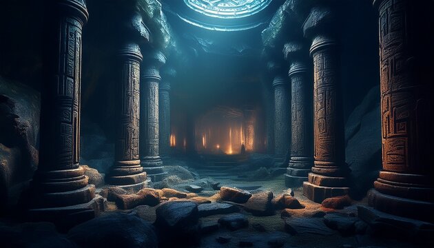 underground temple dark cavern columns with ruins etched into them