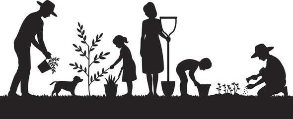 Family gardening silhouettes with planting watering shovel tools, flat vector illustration isolated on white background eco lifestyle collection © Itz Julfikar Here