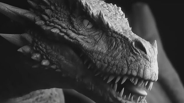 Detailed grayscale dragon head, showcasing intricate scale patterns and sharp tooth design, with an intense gaze