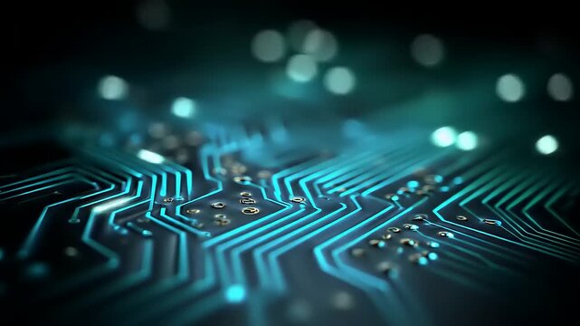 Illuminated Circuit Board: Intricate Electronic Pathways Depicted in Sharp Detail and Electric Blue Lighting