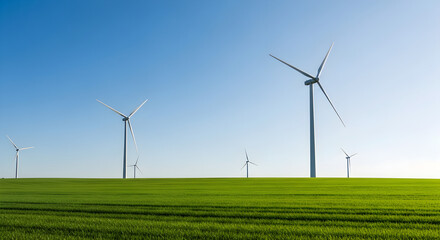 Fototapeta premium Wind turbines generating clean energy in green field under blue sky