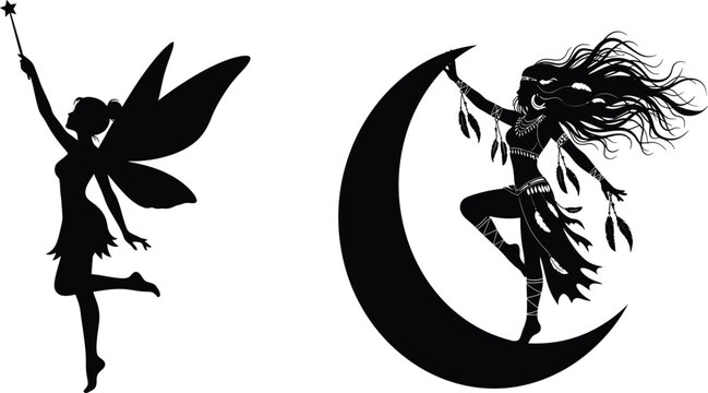 Mystical black silhouettes featuring a flying fairy holding a magic wand and a woman on a crescent moon