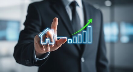 A businessman presenting a growing graph and house icon
