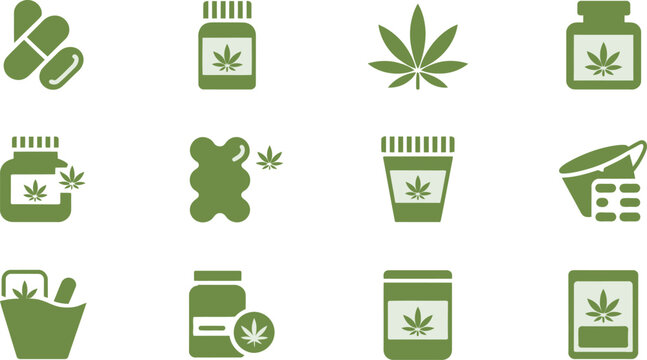 Cannabis products icon collection. Includes marijuana leaf, pills, gummies, jar, and vape icons. Created in green vector style with monochromatic palette