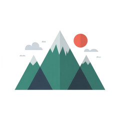 Obraz premium Flat design illustration of green mountains with snow caps, sun, and clouds in a minimalist style isolated on transparent background