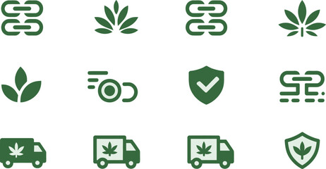 Cannabis green icon collection. Includes marijuana leaf, truck, shield, link, and delivery symbols. Created in minimalist style with green palette.