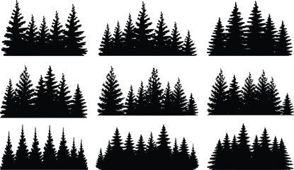 Set of nine coniferous tree cluster silhouettes in varied forest compositions for nature, landscape, and environmental design themes © Sojib