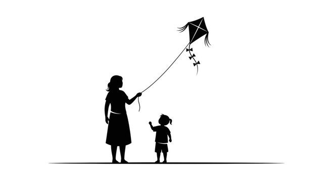 Mother and child flying a kite together outdoors.