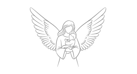 Obraz premium Angel holding a star with wings outstretched in a minimalist line drawing.
