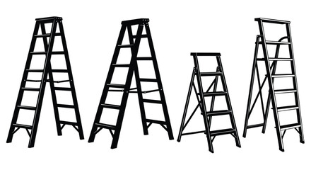 Collection of four black and white step ladder silhouettes isolated against a bright background