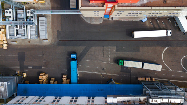 trucks are loaded at the factory top view