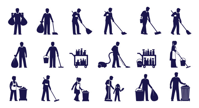 Collection of diverse cleaning staff silhouettes performing various maintenance and janitorial duties indoors and outdoors