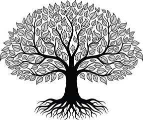 Black vector silhouette of a symmetrical tree with dense leafy branches and visible root system for nature environment genealogy and life cycle branding