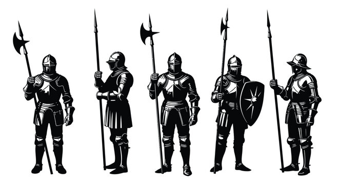 Collection of five medieval knights in full plate armor holding various polearms and a shield