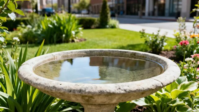 Stone garden birdbath with calm tranquil mood filled with clear water among blooming plants against sunny landscaped yard background