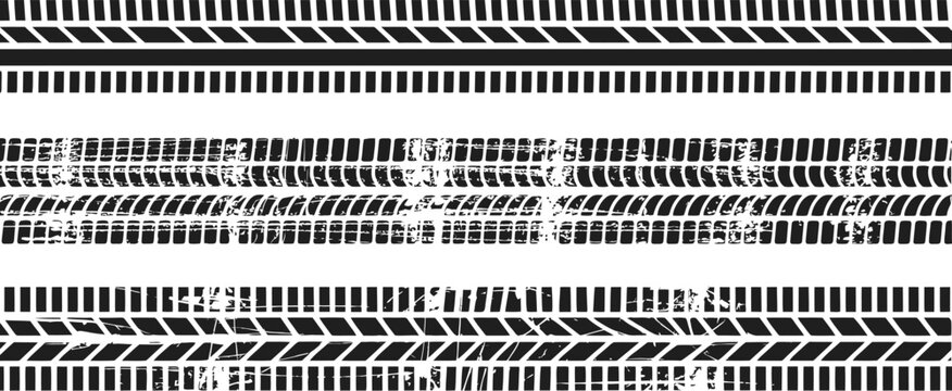 grunge tire tread marks and automotive track patterns vector set