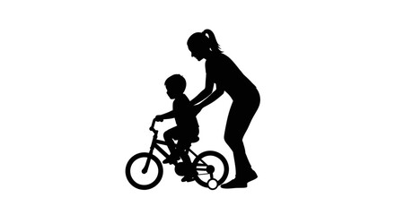 Obraz premium Mother teaching child to ride a bicycle silhouette.